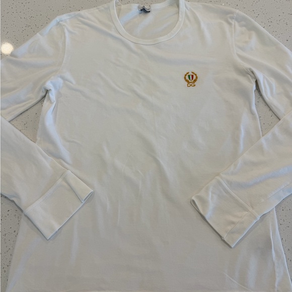 Dolce & GabbanaMen’s White Long Sleeve Tee with Gold Emblem